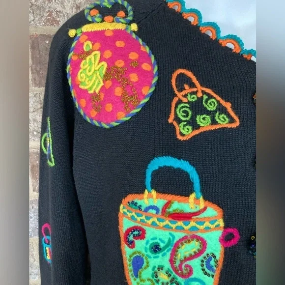 Vintage 1994 Michael Simon multi color crochet patch sweater Size S Purses - Picture 4 of 16